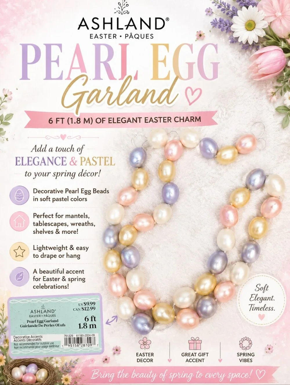 🌞Ashland Pastel Pearl Egg Garland - Pink, Lavender, Gold, Cream 6ft. NWT